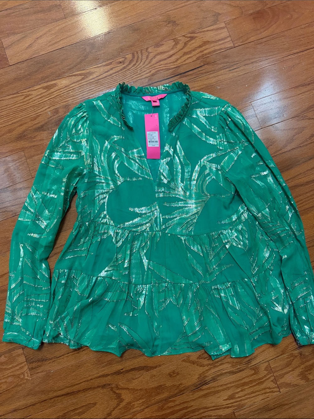 Lilly Pulitzer Emerald Green Metallic-Print Tiered Tunic